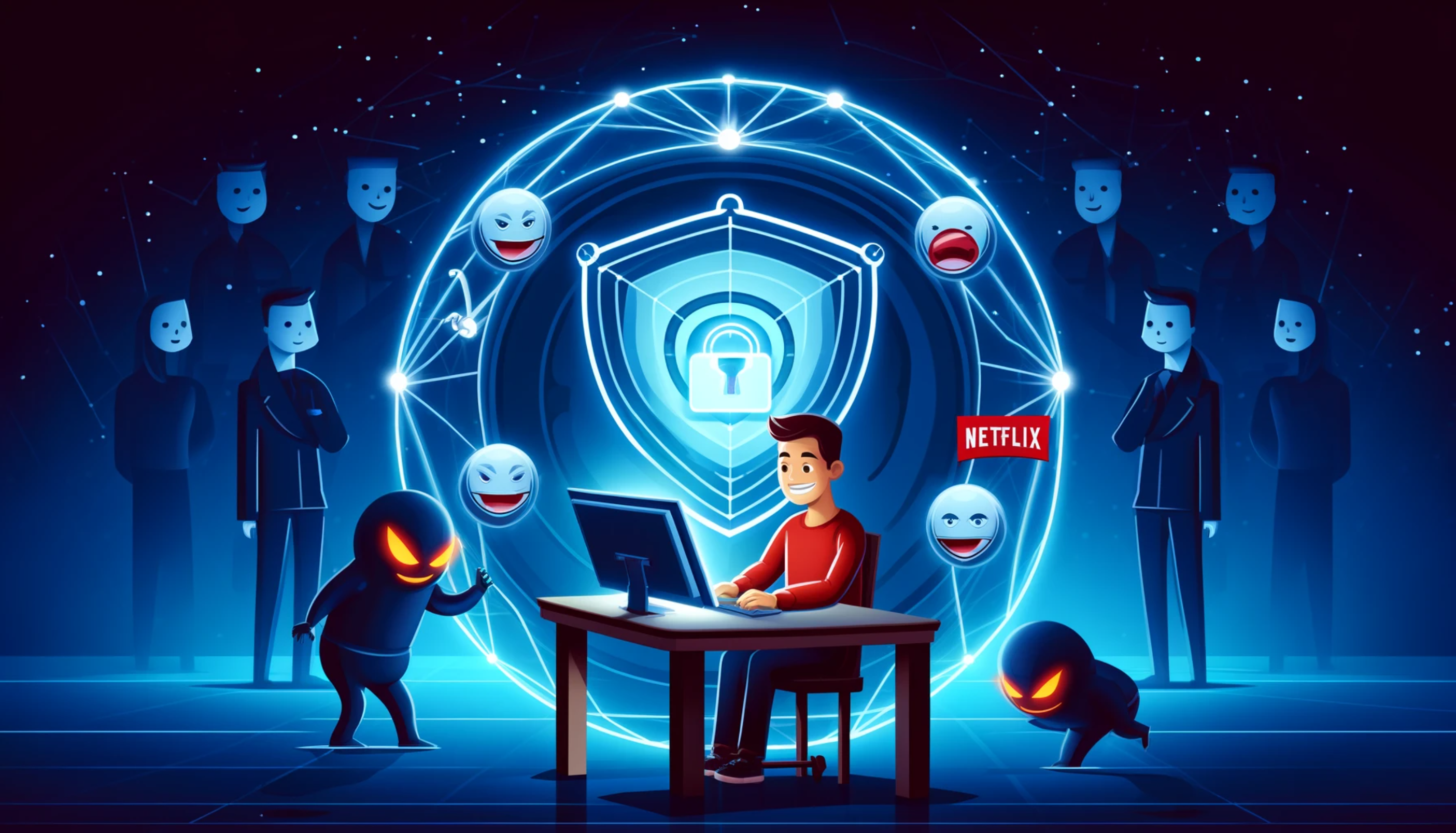 Persona protegida por escudo VPN mientras navega en línea, bloqueando hackers y amenazas cibernéticas